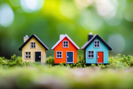 Row of vibrant miniature houses placed outdoors with blurred green backdrop, ideal for real estate, childhood, or model concept.の素材