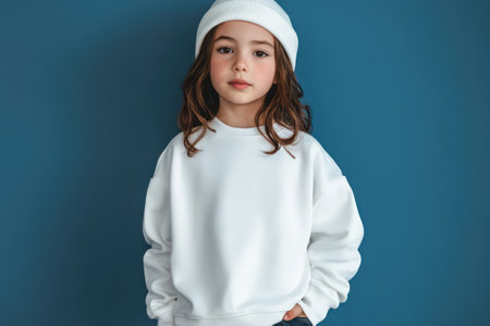 Young child modeling blank white oversized sweatshirt, isolated for apparel branding or clothing design presentations.の素材