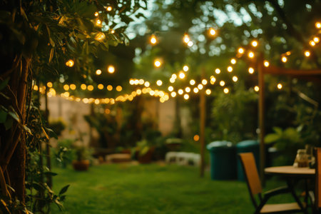 Warm glowing string lights set the mood in a backyard during sunset, with green bokeh background and soft ambiance.の素材