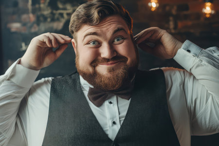 Happy plus-size man smiling while trying wedding costume, representing self-confidence, celebration, and joyful wedding preparation.の素材