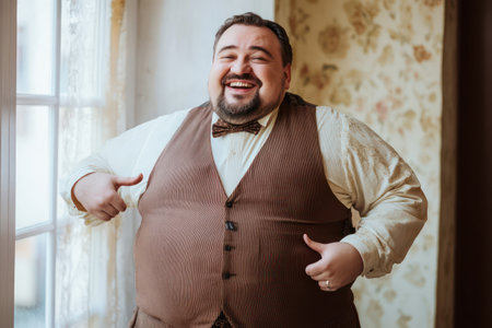 Happy plus-size man smiling while trying wedding costume, representing self-confidence, celebration, and joyful wedding preparation.の素材