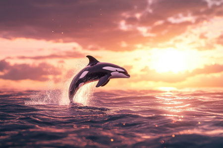 Powerful orca leaps from ocean surface, showcasing marine wildlife action, strength, and freedom in the wild sea.の素材