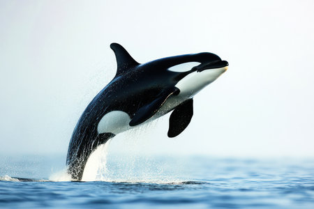 Powerful orca leaps from ocean surface, showcasing marine wildlife action, strength, and freedom in the wild sea.の素材