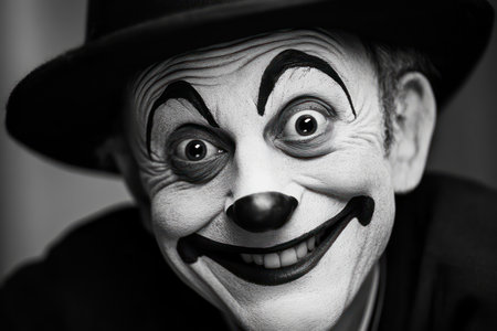 Smiling mime artist in expressive pose with white face makeup and costume, capturing playful performance art.の素材