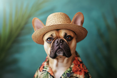 Comedic portrait of dog wearing straw hat and tropical shirt, capturing beach vibes and humorous vacation fashion.の素材