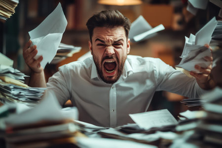 Frustrated male office employee shouting over cluttered desk, representing workplace stress, overload, and pressure during deadlines.の素材