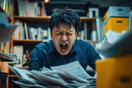Frustrated male office employee shouting over cluttered desk, representing workplace stress, overload, and pressure during deadlines.の素材