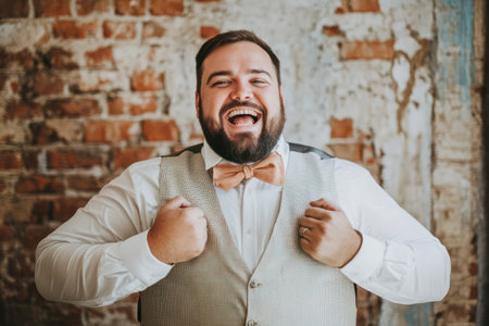 Happy plus-size man smiling while trying wedding costume, representing self-confidence, celebration, and joyful wedding preparation.の素材