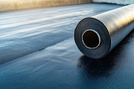 Roll of EPDM rubber roofing material laid on flat rooftop, used in contemporary building for waterproofing and insulation purposes.の素材