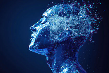 Artistic side view of a human silhouette filled with water imagery, symbolizing hydration, health, and the body water composition.の素材