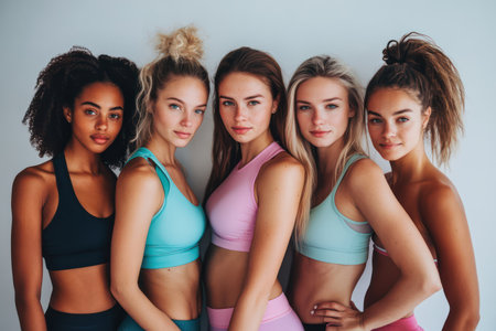 Studio shot of smiling women in sportswear, celebrating wellness, body positivity, and active fitness lifestyles together.の素材