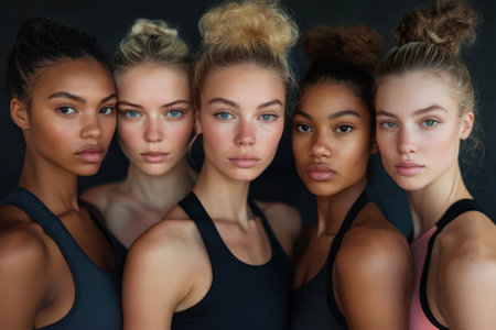Studio shot of smiling women in sportswear, celebrating wellness, body positivity, and active fitness lifestyles together.の素材