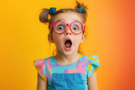 Excited and surprised young girl with big glasses looking amazed, shot against a bright and cheerful background for playful tone.の素材