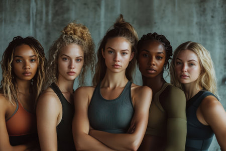 Studio shot of smiling women in sportswear, celebrating wellness, body positivity, and active fitness lifestyles together.の素材