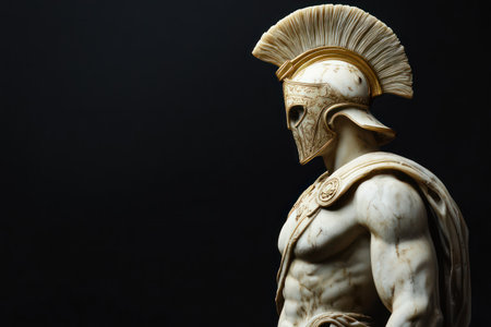 Detailed gladiator sculpture against black background, symbolizing strength, history, and ancient Roman warrior culture.の素材