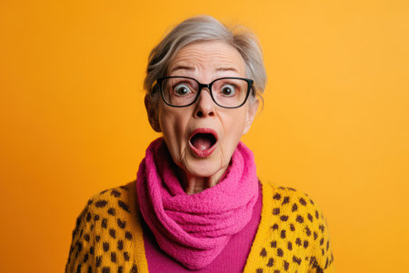 Quirky senior woman with shocked expression and round glasses, captured on a vibrant background in playful pop-art style.の素材