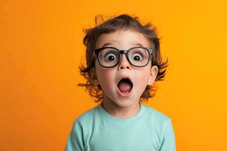 Amazed and wide-eyed boy with big glasses on a fun bright background, ideal for playful educational or humor visuals.の素材