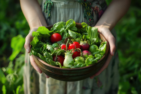 Young woman smiling and holding a bowl of fresh vegetables, representing clean eating, World Health Day, and balanced diet.の素材