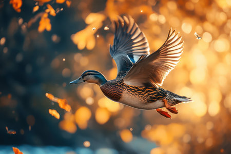Wide view of ducks in motion during flight through nature, suitable for wildlife, hunting, and outdoor adventure themes.の素材