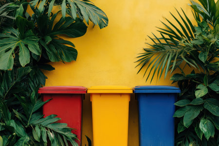 Red, green, and blue trash bins placed against a yellow wall with greenery, encouraging waste separation and environmental awareness.の素材
