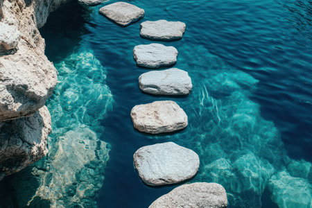 Smooth stones forming a path across tranquil blue water, symbolizing peace, harmony, mindfulness, and spiritual balance.の素材