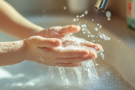 Kid washing hands in bathroom, symbolizing hygiene, safety, and daily routine to prevent bacteria and illness.の素材
