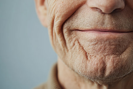 Close-up of middle-aged man's face showing visible wrinkles, flabby skin, and smile lines around the mouth area.の素材