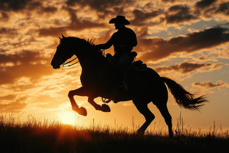 Dramatic silhouette of cowboy riding a rearing horse against vivid sunset sky, symbolizing wild west, freedom, and rugged spirit.の素材