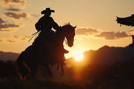 Dramatic silhouette of cowboy riding a rearing horse against vivid sunset sky, symbolizing wild west, freedom, and rugged spirit.の素材
