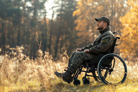 Confident disabled military man in uniform smiling in wheelchair, enjoying bright outdoor space, symbol of strength and positivity.の素材