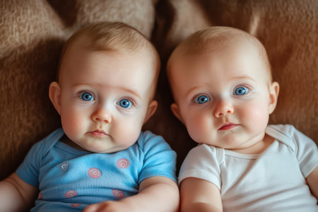 Two young babies sitting side by side with playful, silly faces, representing joy, bonding, and childhood innocence.の素材