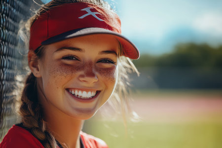 Portrait of happy female athlete in softball uniform, showing strength, sportsmanship, and youthful confidence in the game.の素材