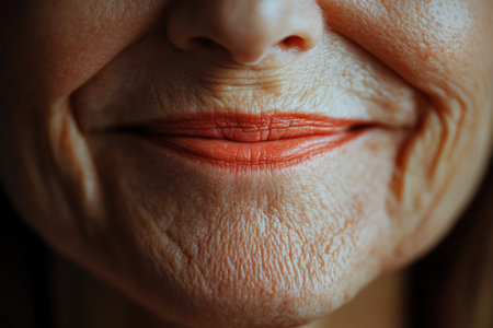 Detailed close-up of facial skin texture showing wrinkles and natural smile lines near mouth, symbolizing aging and realism.の素材