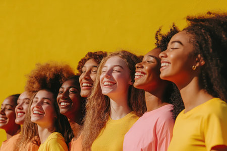 Smiling group of multiracial teens on bright yellow background celebrating diversity, inclusion, youth culture, and community.の素材