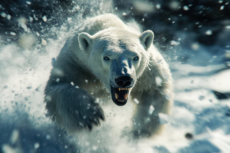 Furious polar bear in snowy environment mid-charge, showing wild strength, arctic survival, and natural predator instincts.の素材