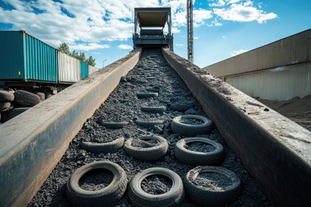 Industrial tire recycling facility where crushed rubber is processed and moved via conveyor for eco-friendly disposal and reuse.の素材