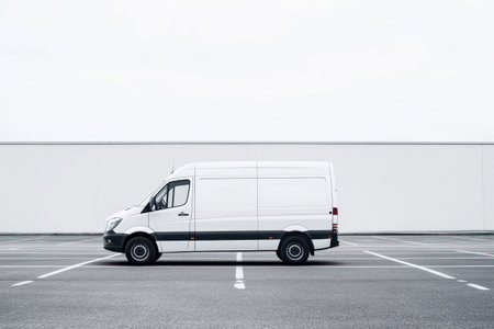 Clean white cargo van parked in an open lot, suitable for rental service, delivery, logistics, or used car sale and insurance.の素材