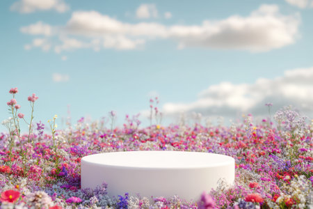 Blank product showcase podium in vibrant wildflower field, symbolizing organic display, nature-inspired branding, and seasonal presentation.の素材