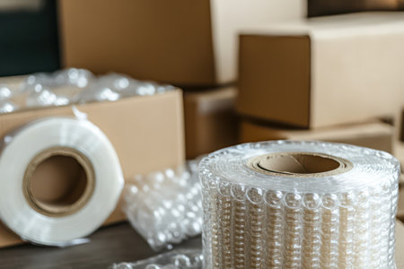 Supplies like packing tape and bubble wrap beside cardboard boxes, illustrating moving, shipping, packaging, and delivery preparation.の素材