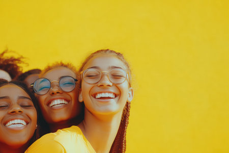 Smiling group of multiracial teens on bright yellow background celebrating diversity, inclusion, youth culture, and community.の素材