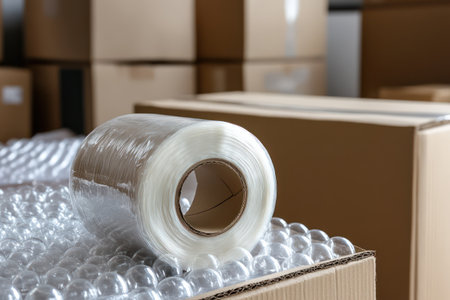 Supplies like packing tape and bubble wrap beside cardboard boxes, illustrating moving, shipping, packaging, and delivery preparation.の素材