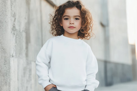 Young child modeling blank white oversized sweatshirt, isolated for apparel branding or clothing design presentations.の素材