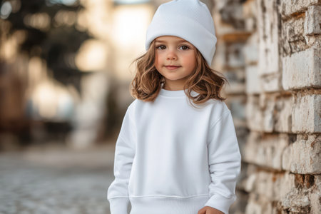 Young child modeling blank white oversized sweatshirt, isolated for apparel branding or clothing design presentations.の素材