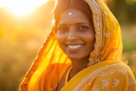 Elegant woman in golden-yellow sari smiling warmly in natural light, symbolizing cultural pride, confidence, and graceful beauty.の素材