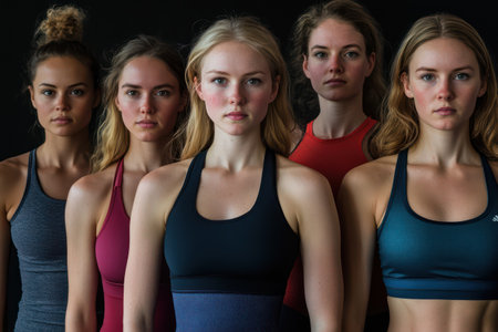 Studio shot of smiling women in sportswear, celebrating wellness, body positivity, and active fitness lifestyles together.の素材
