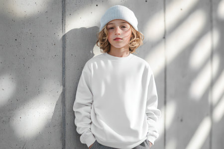 Young child modeling blank white oversized sweatshirt, isolated for apparel branding or clothing design presentations.の素材