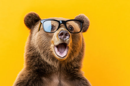 Funny bear with shocked expression and oversized glasses on a bright background, adding humor and quirky animal character charm.の素材