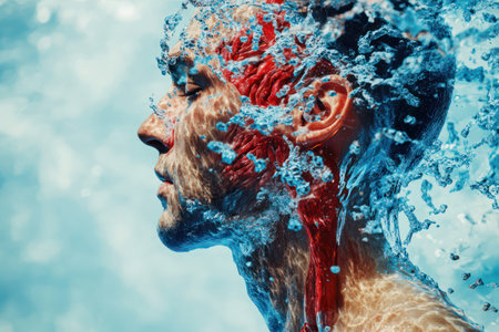 Artistic side view of a human silhouette filled with water imagery, symbolizing hydration, health, and the body water composition.の素材