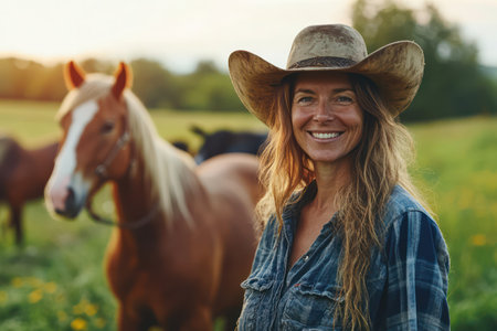 Young rural farmer standing with horses in open field, showing connection with nature, animal care, and rural simplicity.の素材
