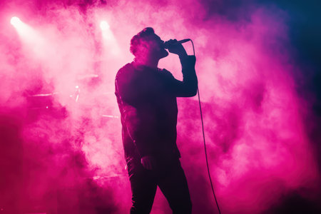 Shadowy figure of a singer wearing a hat and performing live, evoking musical passion and artistic stage presence.の素材